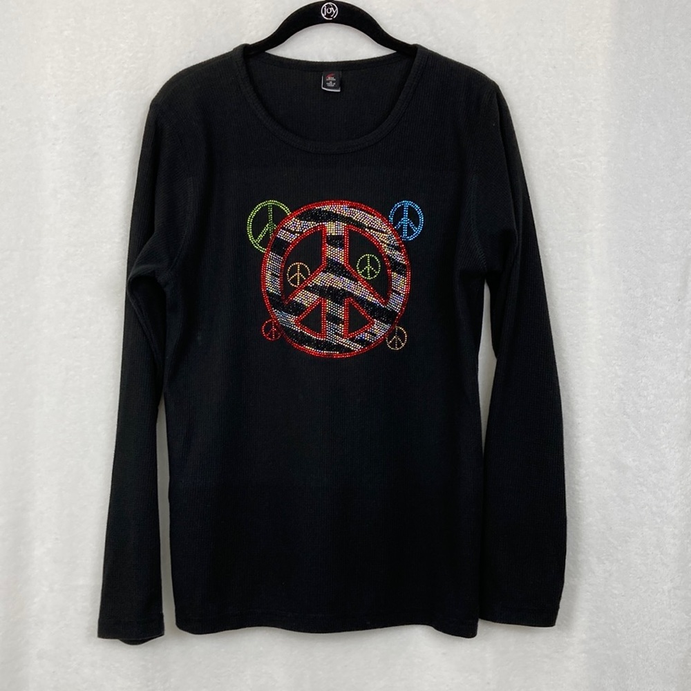 CH Apparel Women’s Black Thermal Knit Top with Crystal Peace Signs sz Medium